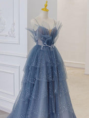 Gray blue tulle sequin beads long prom dress, blue evening dress HZ1024