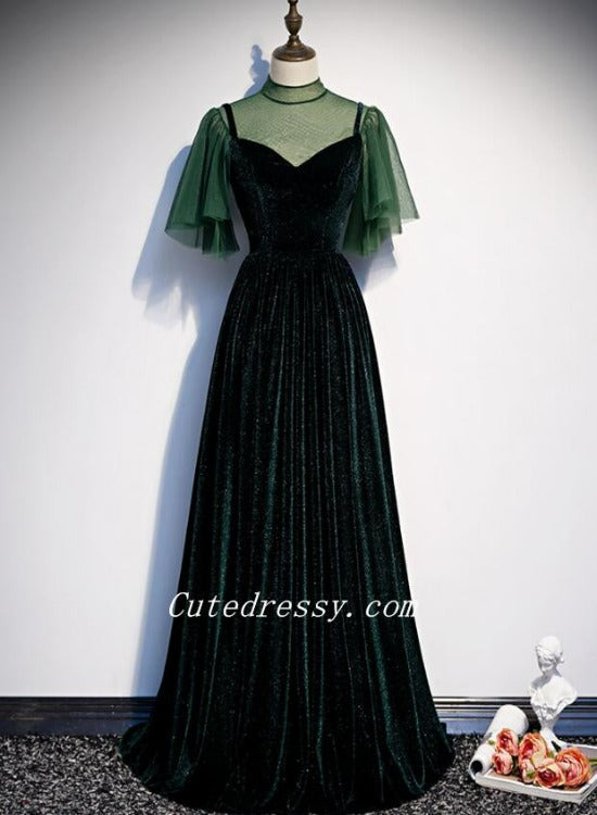 Dark Green Velvet with Puffy Sleeves Tulle Prom Dresses, A-line Green Party Dresses Formal Dress