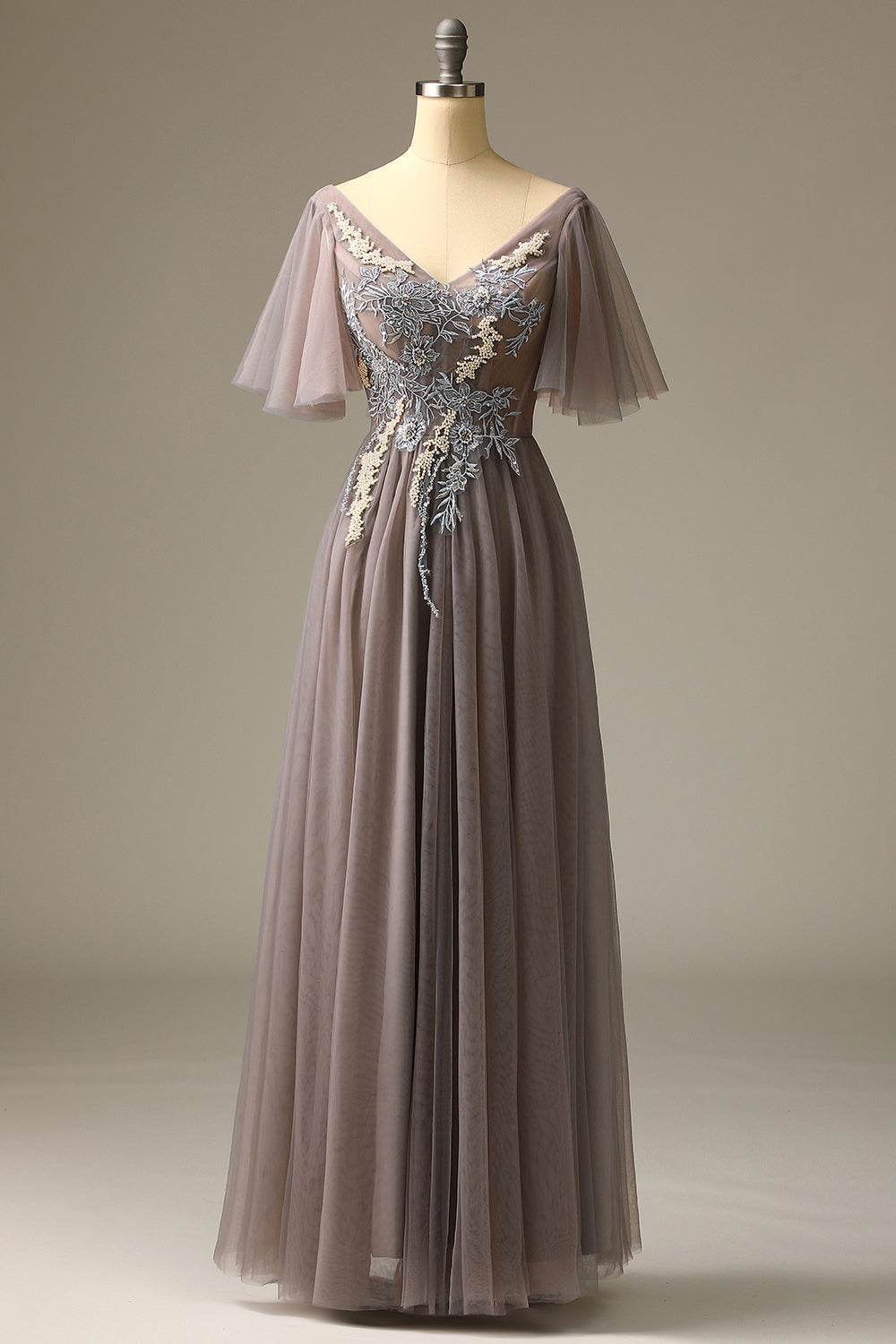 Grey V Neck Prom Dress