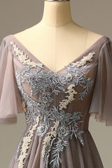Grey V Neck Prom Dress