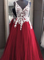Wine Red Tulle with White Lace V-neckline Prom Dress, Wine Red Long Evening Dress