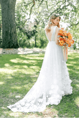 Romantic Tulle A Line Flower Bridal Gown with V-neckline Beach Wedding Dress TN300