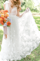 Romantic Tulle A Line Flower Bridal Gown with V-neckline Beach Wedding Dress TN300