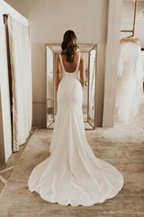 Simple Sheath Square Neck Long Backless Wedding Gown with Sweep Train TN301