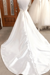 Simple white v neck satin long wedding dress white bridal dress TN310