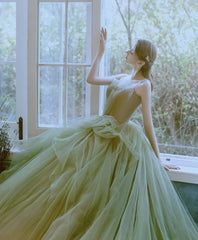 Green Tulle Floor Length Straps Long Wedding Party Dress, Green Tulle Prom Dresses