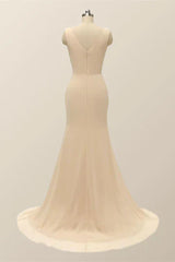 V Neck Blue Pleated Chiffon Long Bridesmaid Dress