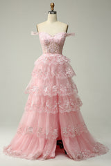 Sparkly Black Pink Tiered Lace A-Line Long Prom Dress with Slit