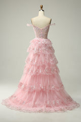 Sparkly Black Pink Tiered Lace A-Line Long Prom Dress with Slit