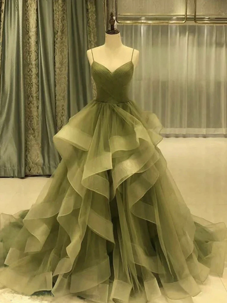 Spaghetti Strap Green A Line Long Prom Dress Formal Evening Gown Party Dress 293