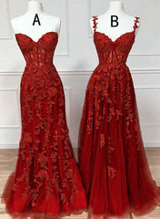 Chic Wine Red Lace and Tulle Sweetheart Party Dress, Wine Red Long Prom Dress
