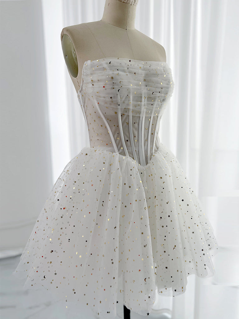 White A-Line Tulle Star Short Prom Dress, White Cute Homecoming Dress