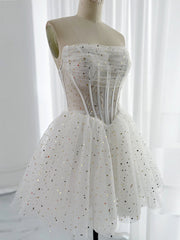 White A-Line Tulle Star Short Prom Dress, White Cute Homecoming Dress