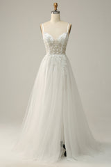 White A Line Spaghetti Straps Floor-Length Dress with Appliques Sexy