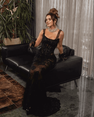 2024 Black Lace Mermaid Straps Evening Dresses See Through Formal Night Occasion Dress