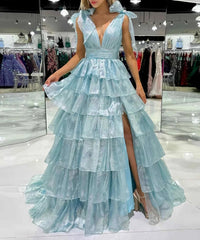 August | Glitter Tie Straps Pink Plunging Neck Tiered Long Prom Dress