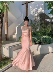 Spaghetti Straps Pink Mermaid Long Prom Dresses J2666