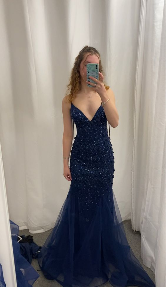 V Neck Navy Blue Long Prom Dresses Mermaid Tulle Evening Dress J2634