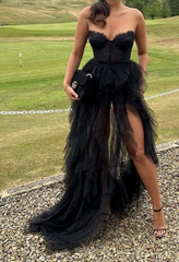 A Line Sweetheart Black Tulle Long Prom Dress Ruffled Evening Dress J2654