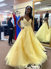 Spaghetti Straps Yellow A Line Tulle Long Prom Dresses J2623