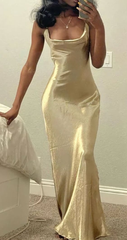 Champagne Square Neck Sheath Long Prom Dress Party Dress J2648
