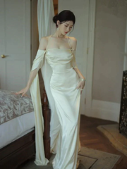 Ivory Satin Sheath Long Prom Dresses Formal Party Dresses J2676
