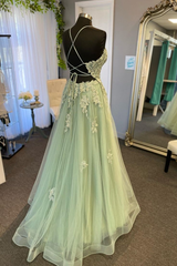 V Neck A Line Green Tulle Long Prom Dresses With Applique J2680