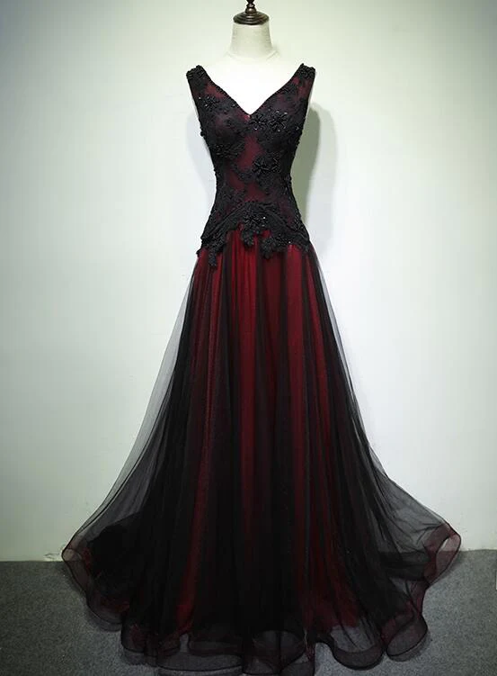 A Line Black Red V Neck Tulle Prom Dress Beaded Long Evening Gown J2692