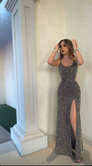 Dark Gray Sequin Sheath Long Prom Dresses With Slit J2681