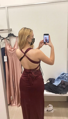 V Neck Burgundy Satin Sheath Long Prom Dresses J2652