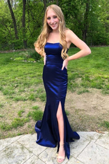 Navy Blue Mermaid Satin Long Prom Dresses With Slit J2637