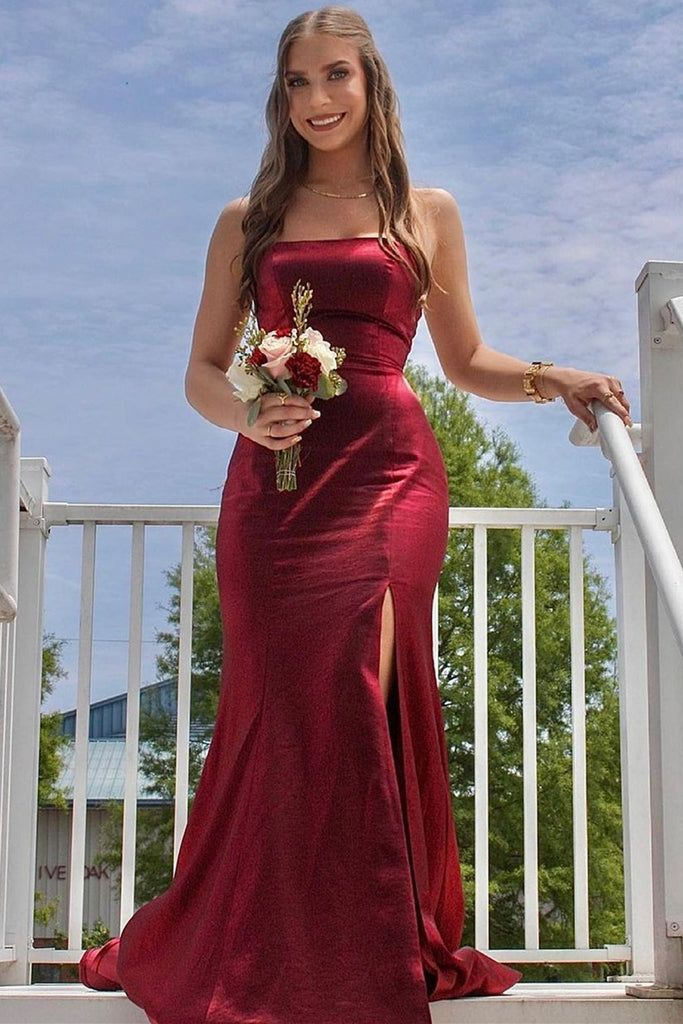 Navy Blue Mermaid Satin Long Prom Dresses With Slit J2637