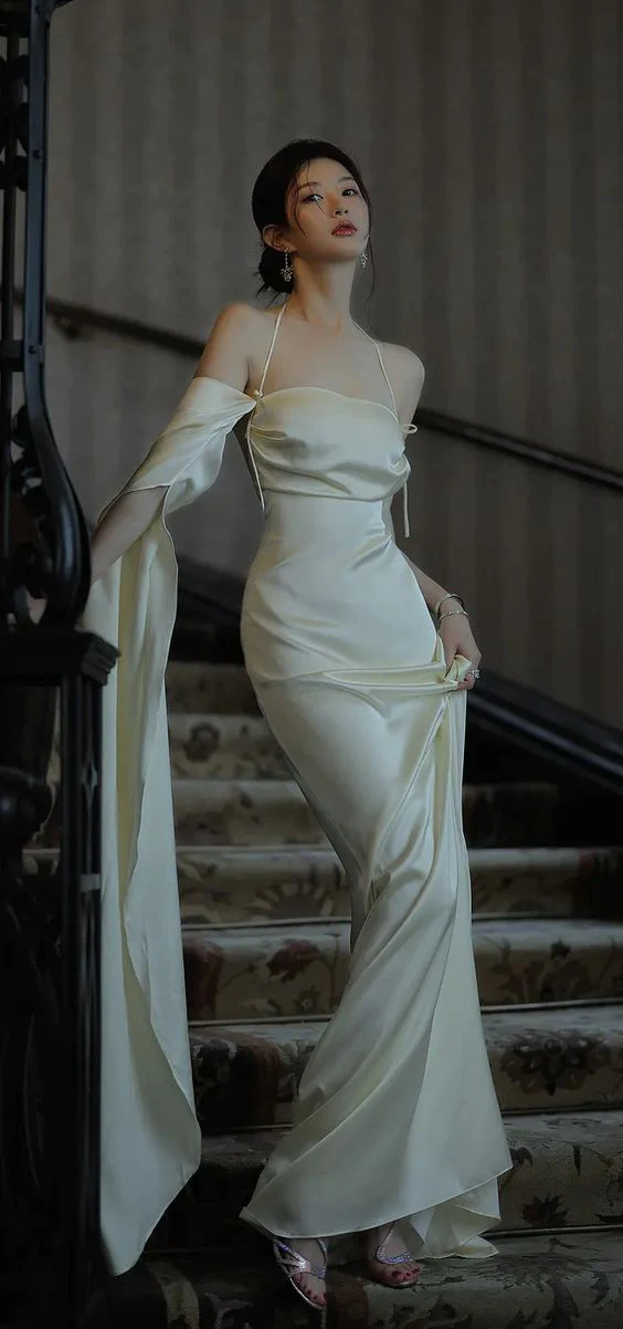 Ivory Satin Sheath Long Prom Dresses Formal Party Dresses J2676