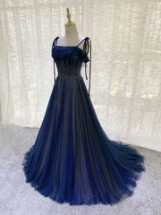 Dark Blue Tulle Sequin Long Prom Dresses A Line Birthday Party Dresses J2635