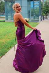 Navy Blue Mermaid Satin Long Prom Dresses With Slit J2637