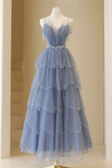Spaghetti Straps A Line Layered Blue Long Prom Dress Tulle Shiny Beaded Birthday Party Gown J2564