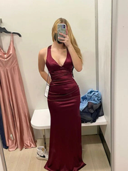 V Neck Satin Mermaid Long Evening Dress Burgundy Evening Dress 2478