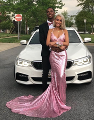 V Neck Sequin Pink Prom Dress Spaghetti Straps Mermaid Evening Dress J2566