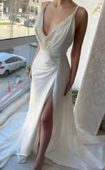 Mermaid Ivory Pearl V Neck Satin Long Prom Dresses With Slit 2542