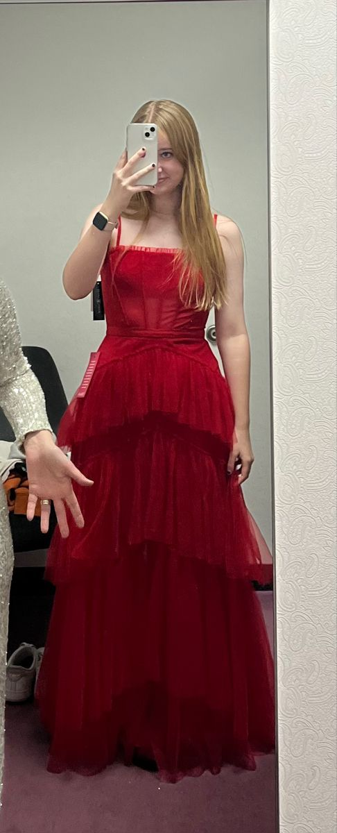 Tiered Red Tulle A Line Long Prom Dresses 2539