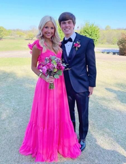 Hot Pink Long V Neck A Line Long Prom Dresses J2572