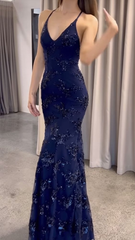 Spaghetti Straps Navy Blue Mermaid Long Prom Dresses Sequinevening Gown 2546
