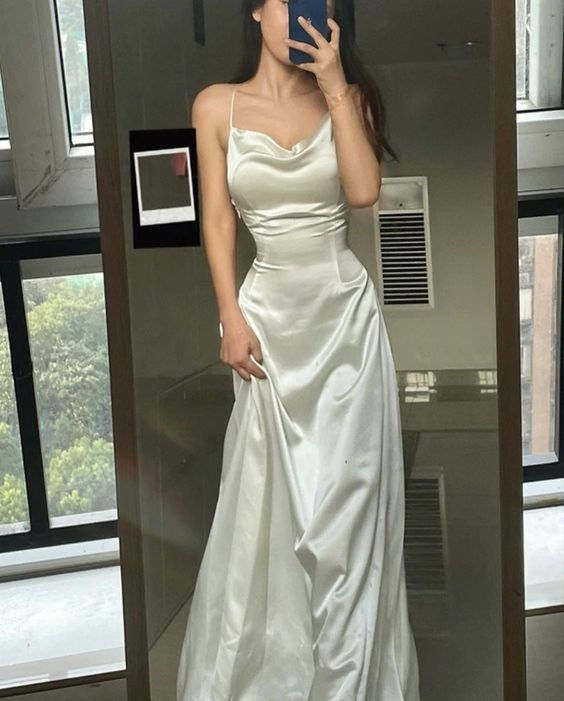 Spaghetti Straps White A Line Satin Long Prom Dresses 2475