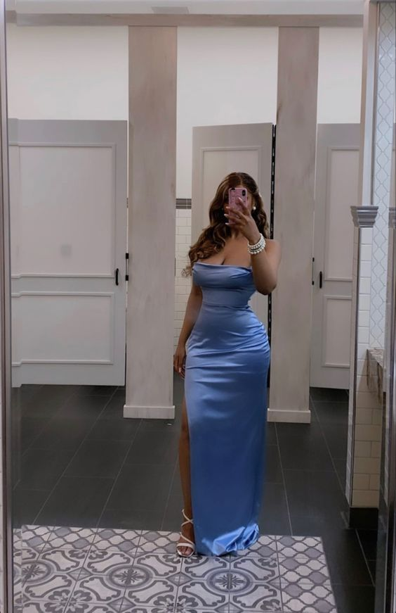 Blue Mermaid Long Prom Dress Slit Satin Strapless Evening Dress 2477