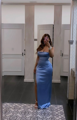 Blue Mermaid Long Prom Dress Slit Satin Strapless Evening Dress 2477