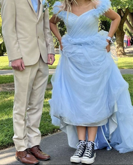 Off Shoulder Blue A Line Long Prom Dress Tulle Graduation Dress 2509