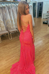 Hot Pink Sequins Mermaid Long Prom Dresses J2574