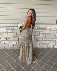 Gold Sequins Mermaid Long Prom Dresses With Slit J2571