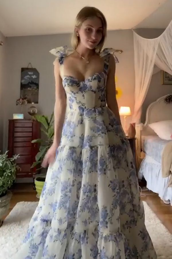 Floral Chiffon A Line Long Prom Dresses 2555