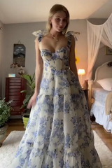 Floral Chiffon A Line Long Prom Dresses 2555